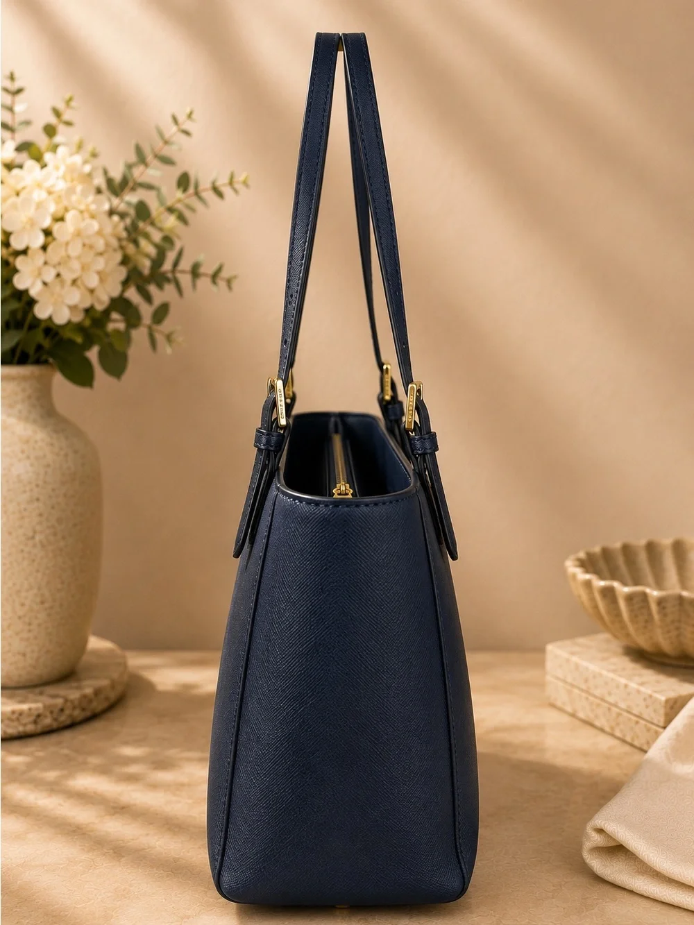 Tory Burch Emerson Large Navy Saffiano Leather Tote NWOT Dust Bag